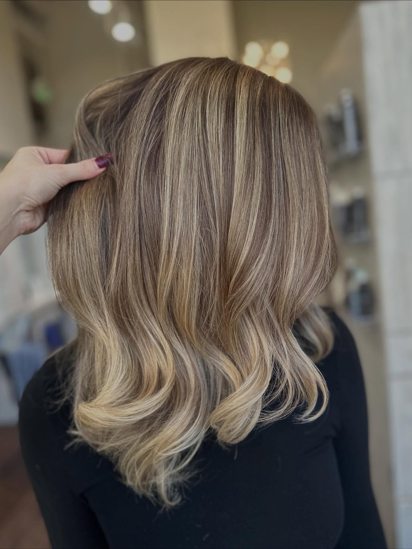 Finished dimensional balayage hair color result at Lee Graves Salon in Plano, TX